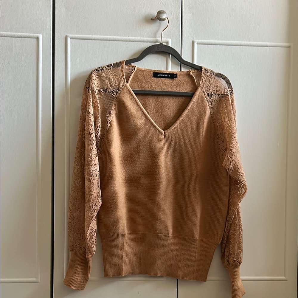 MerokeetyTan V-Neck Sweater with lace detail sleeves.